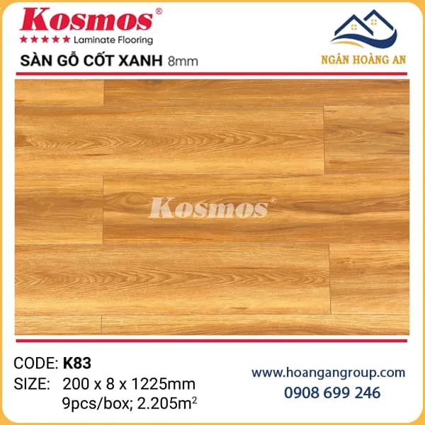 Sàn Gỗ Kosmos 8mm Cốt Xanh Kháng Ẩm Đế Cao Su K83