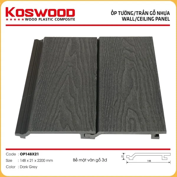 Tấm Ốp Gỗ Nhựa Ngoài Trời Kosmos 3DOP148x2.2M Vân 3D Dark Grey 