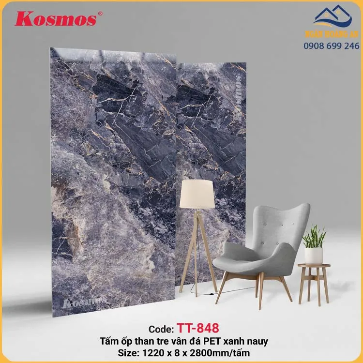Tấm Than Tre 8mm Kosmos Vân Đá Cẩm Thạch Tím Xanh PET TT-848