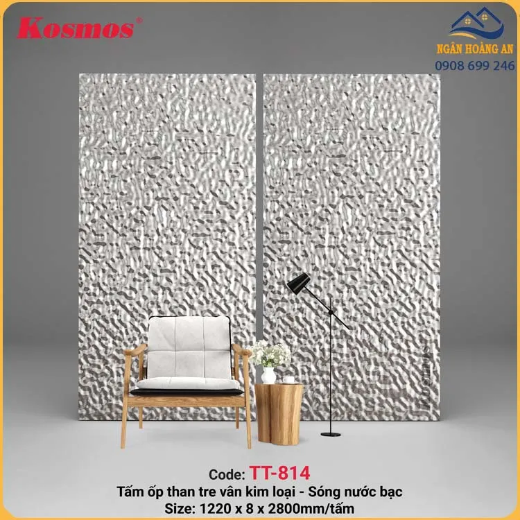 Tấm Ốp Than Tre Kosmos Sóng Nước Pet Bạc TT-814