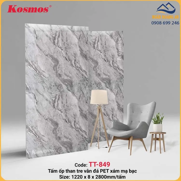 Tấm Than Tre Kosmos Vân Đá Cẩm Thạch Dát Bạc PET TT-849
