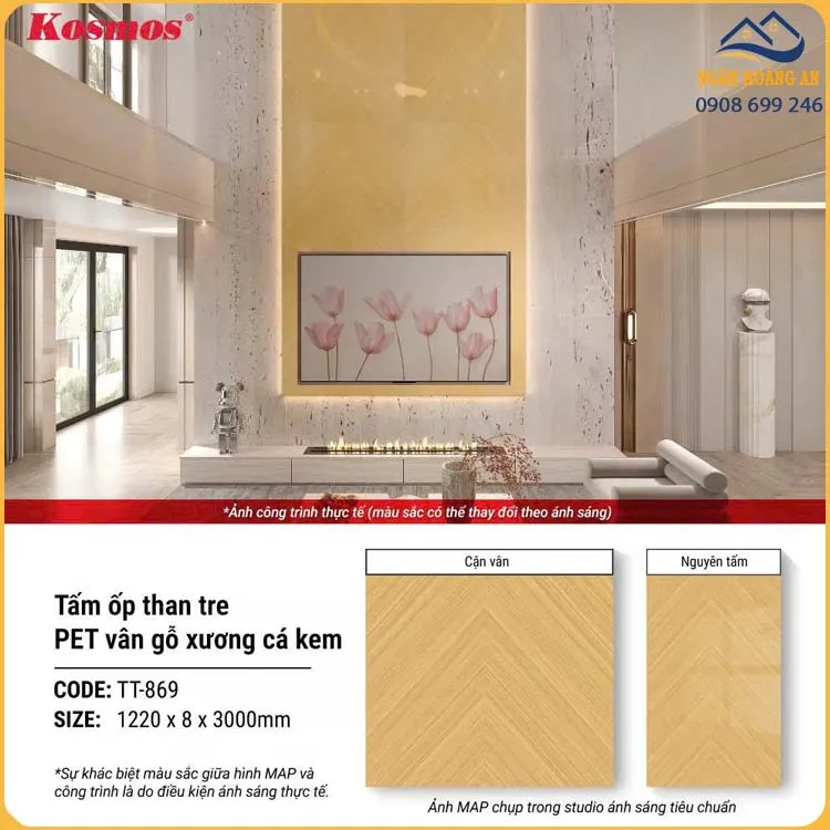 Tấm Ốp Sợi Than Tre Kosmos TT-869 Vân Gỗ Xương Cá Vàng Kem PET