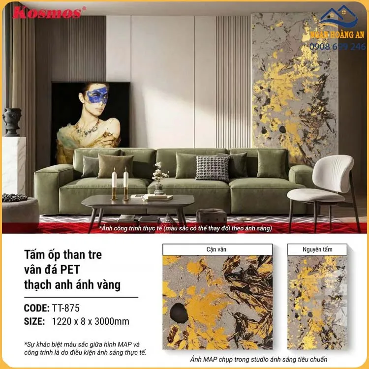 Tấm Ốp Than Tre Vân Đá PET Thạch Anh Ánh Vàng Kosmos TT-875