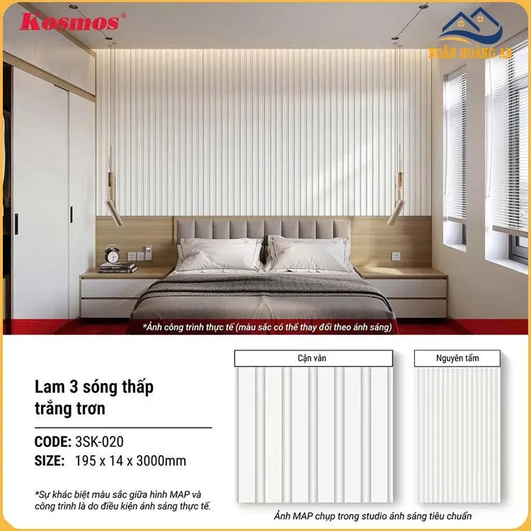 Tấm Ốp Tường Lam Sóng Thấp Kosmos Màu Trắng Trơn 3SK-020