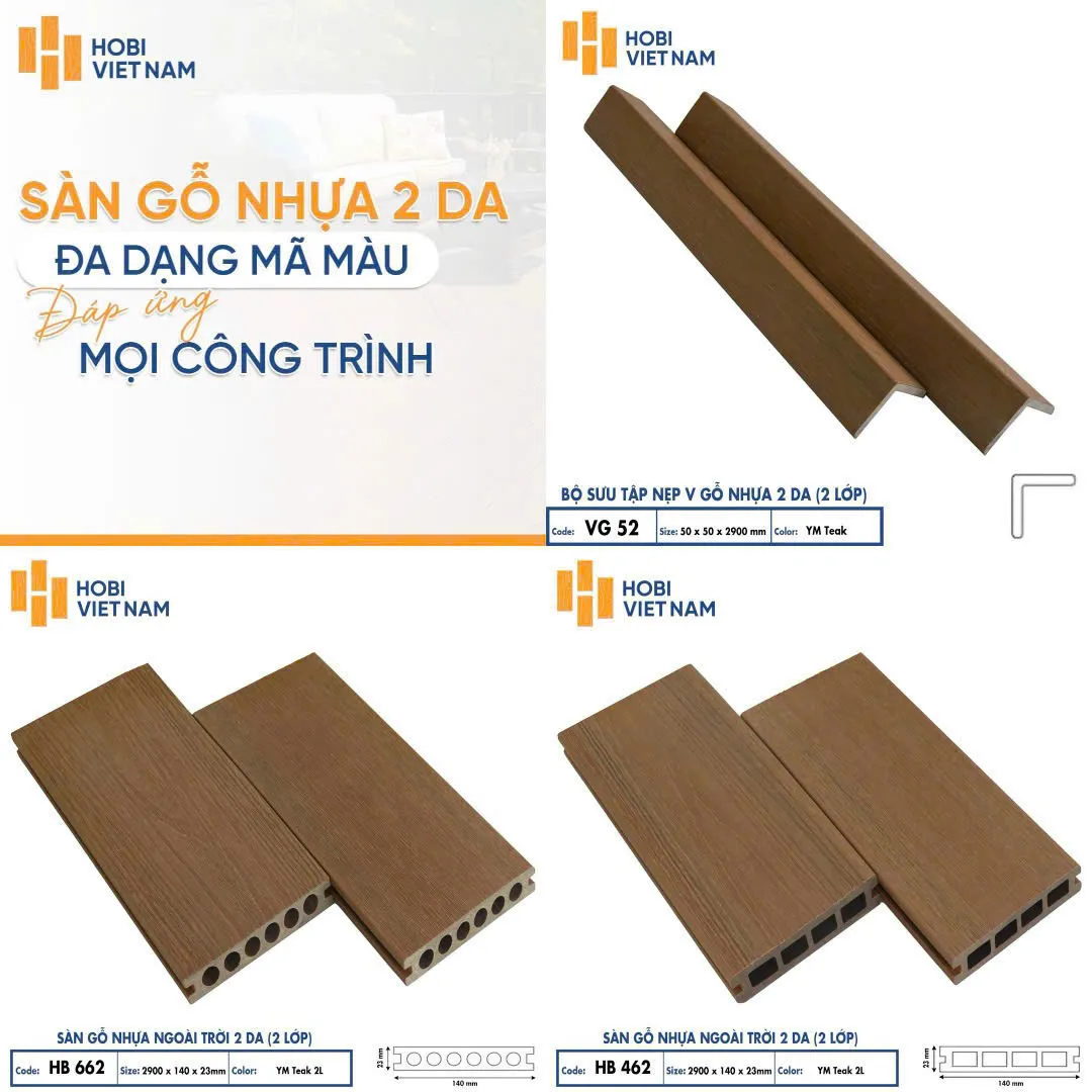 Nẹp Góc V Gỗ Nhựa Ngoài Trời 2 Da Hobiwood VG52 YM Teak