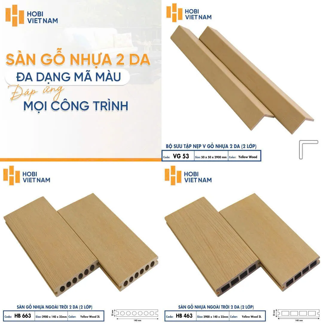 Nẹp Chữ V Gỗ Nhựa 2 Lớp Phủ Polymer Hobiwood VG53 Yellow Wood