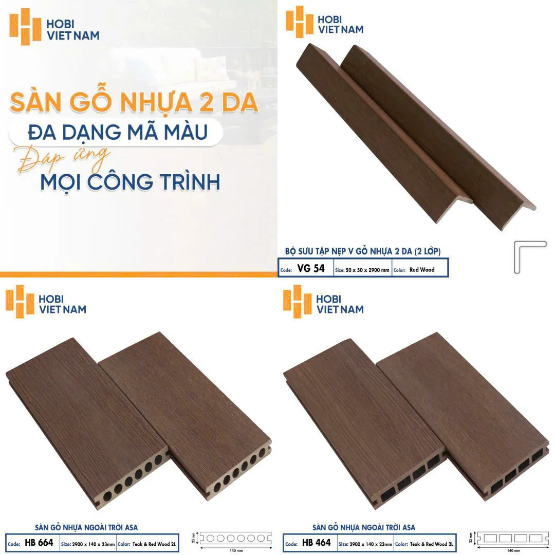 Nẹp V Gỗ Nhựa Ngoài Trời 2 Lớp Hobiwood VG54 Red Wood
