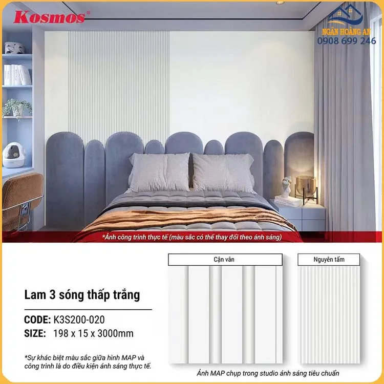 Tấm Nhựa Ốp Tường Lam 3 Sóng Màu Trắng Kosmos K3S200-020