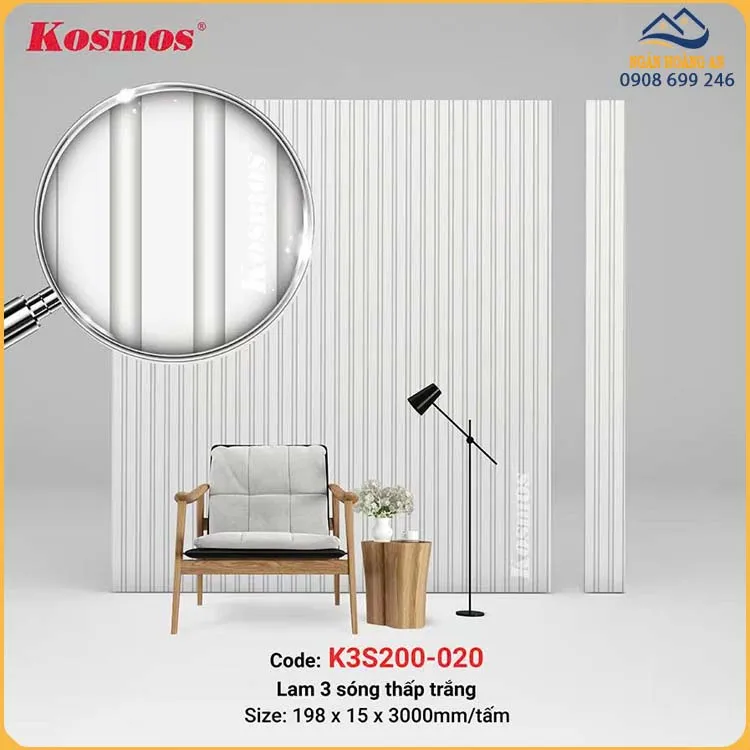 Tấm Nhựa Ốp Tường Lam 3 Sóng Màu Trắng Kosmos K3S200-020