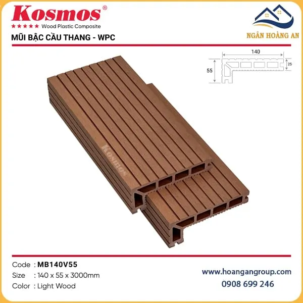 Mũi Bậc Cầu Thang Sàn Ngoài Trời Kosmos MB140V55 Light Wood