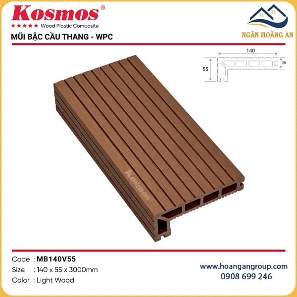 Mũi Bậc Cầu Thang Sàn Ngoài Trời Kosmos MB140V55 Light Wood
