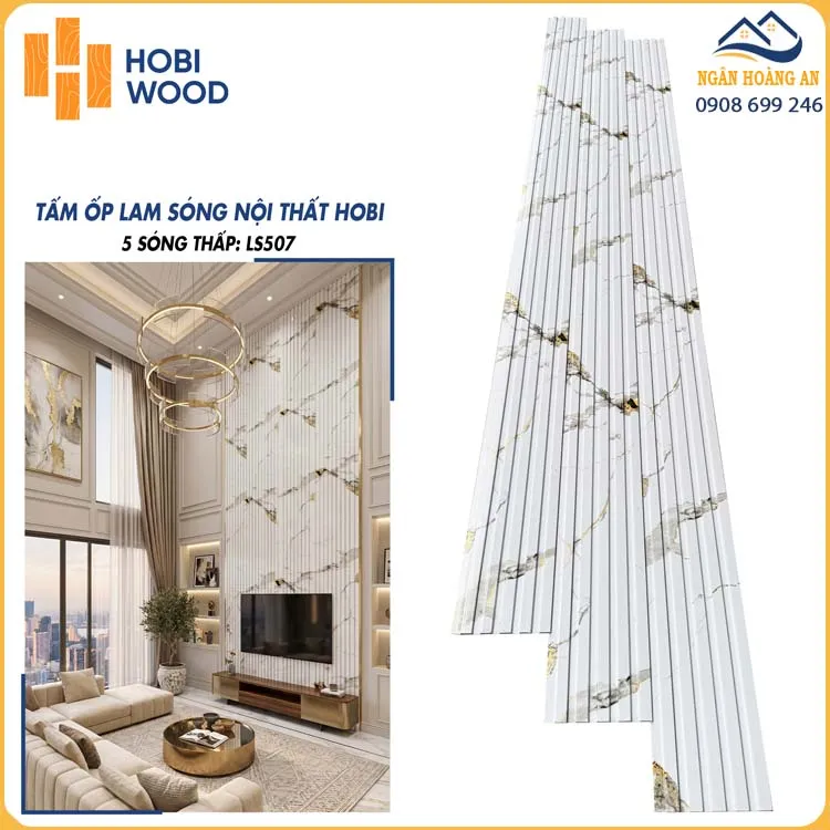 Ốp Tường Lam Sóng HobiWood LS507 Vân Đá Trắng Vàng