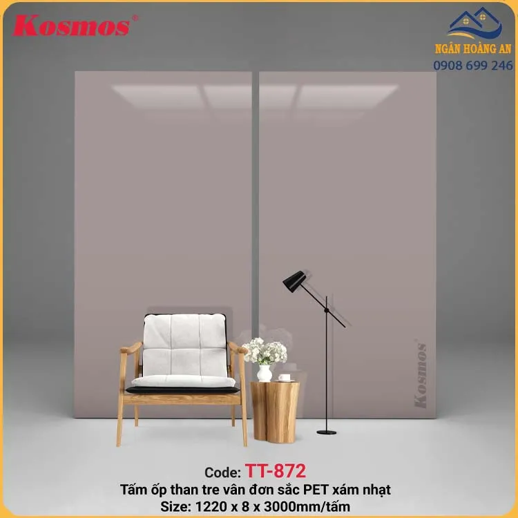 Tấm Ốp Sợi Than Tre Vân Đơn Sắc PET Xám Nhạt Kosmos TT-872