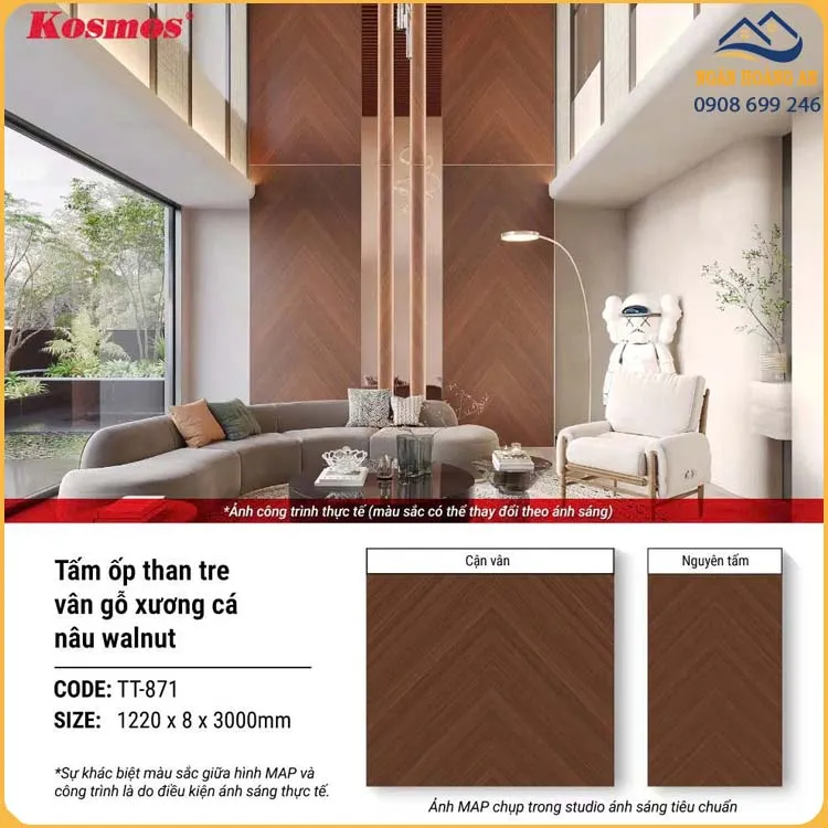 Tấm Ốp Đa Năng Sợi Than Tre Vân Gỗ Xương Cá Nâu Kosmos TT-871