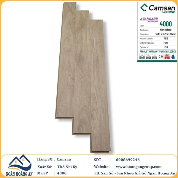 Sàn Gỗ Công Nghiệp Camsan Hèm V 4000 12mm