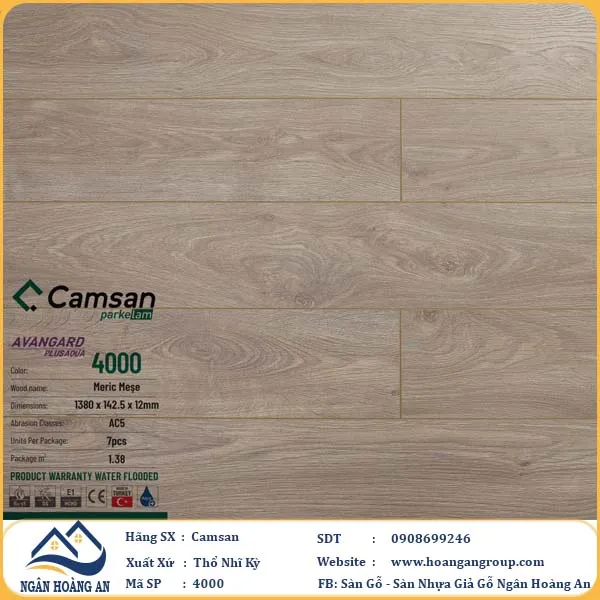 Sàn Gỗ Công Nghiệp Camsan Hèm V 4000 12mm