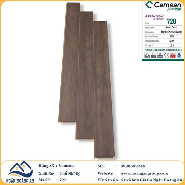 Sàn Gỗ Công Nghiệp Camsan Hèm V 720 12mm