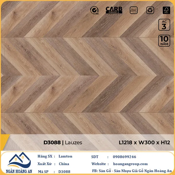 Sàn Gỗ Công Nghiệp Lamton Vân Xương Cá D3088 12mm