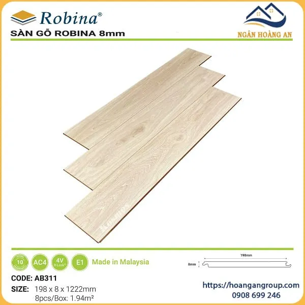 Sàn Gỗ Công Nghiệp Malaysia Robina 8mm Bản Lớn AB311