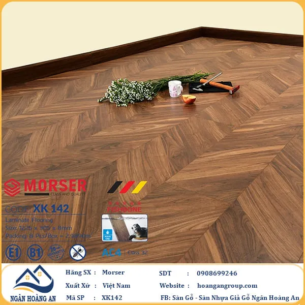 Sàn Gỗ Công Nghiệp Morser Vân Xương Cá 3D Cốt Xanh 8mm XK 142