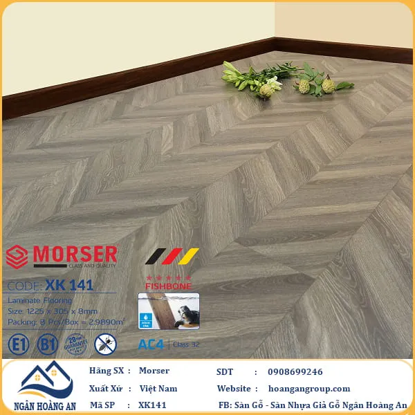 Sàn Gỗ Công Nghiệp Morser Vân Xương Cá 3D Cốt Xanh 8mm XK 141