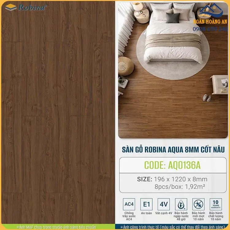 Sàn Gỗ Công Nghiệp Malaysia Robina Aqua 8mm AQO136A