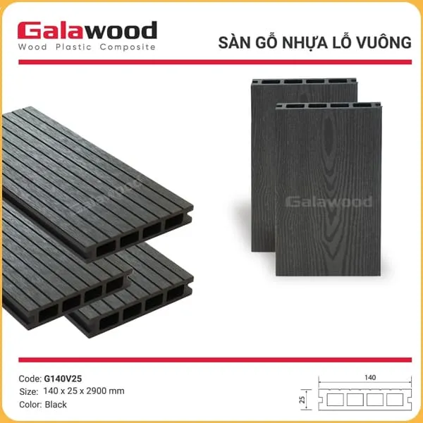 Sàn Gỗ Nhựa Ngoài Trời Galawood Lỗ Vuông G140V25 Black