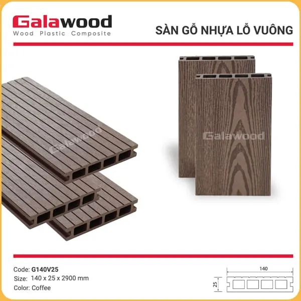 Sàn Gỗ Nhựa Ngoài Trời Galawood Lỗ Vuông G140V25 Coffee