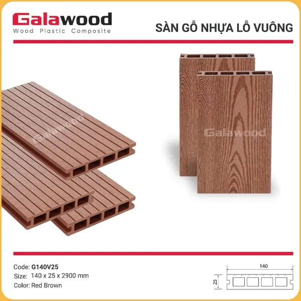 Sàn Gỗ Nhựa Ngoài Trời Galawood Lỗ Vuông G140V25 Red Brown