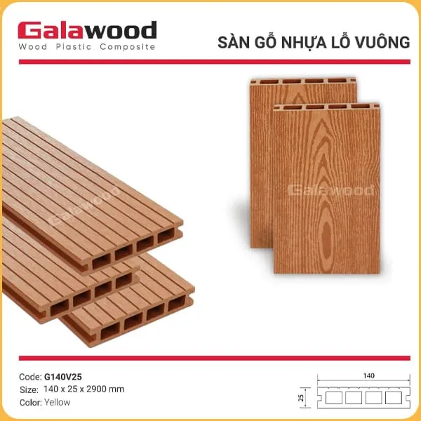 Sàn Gỗ Nhựa Ngoài Trời Galawood Lỗ Vuông G140V25 Yellow