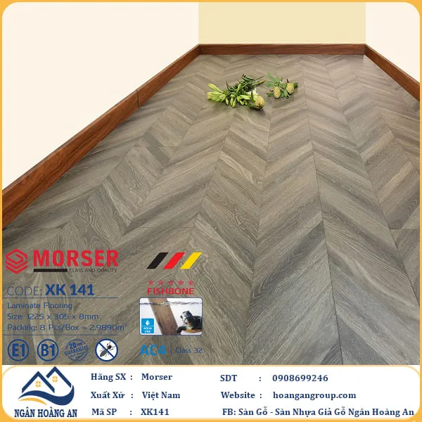 Sàn Gỗ Công Nghiệp Morser Vân Xương Cá 3D Cốt Xanh 8mm XK 141