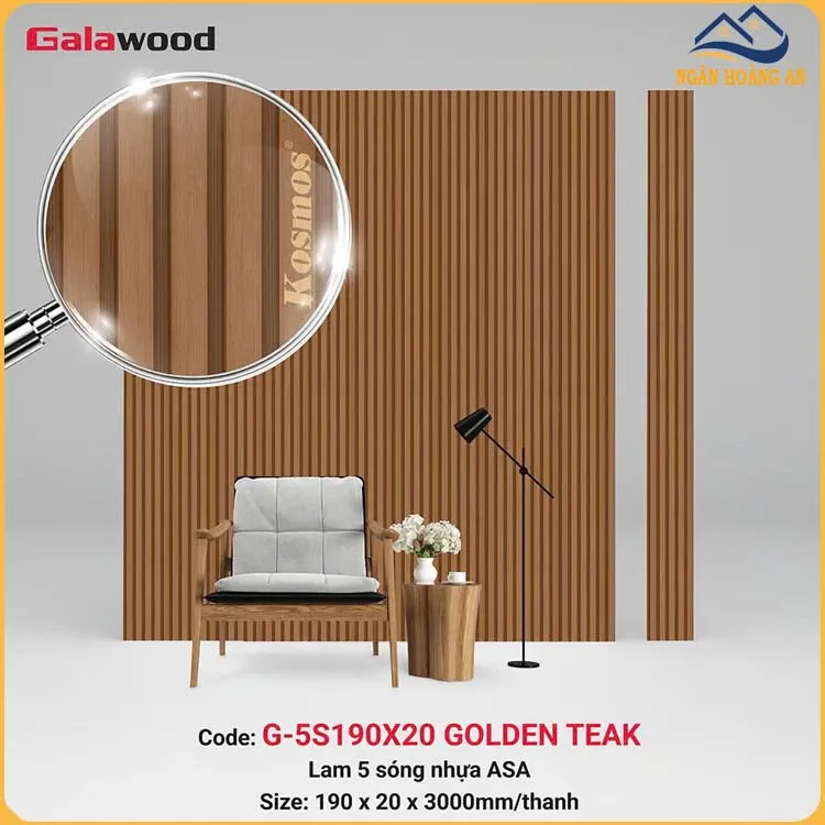 Tấm Ốp Lam 5 Sóng Gỗ Nhựa ASA Galawood G-5S190X20 Golden Teak