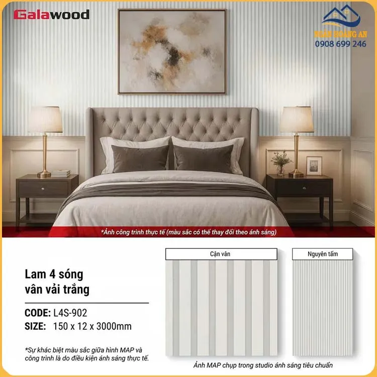 Tấm Nhựa Ốp Tường Lam 4 Sóng Thấp Màu Trắng Galawood L4S-902
