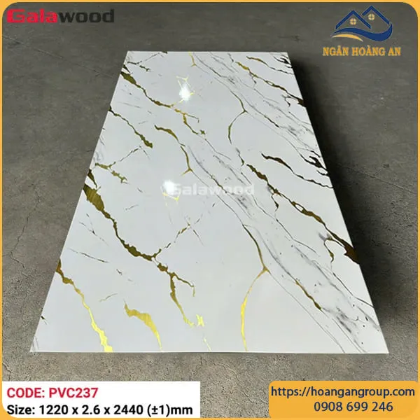 Tấm Nhựa PVC Giả Đá Trắng Vân Mây Dát Vàng Galawood PVC237 Dày 2.6mm