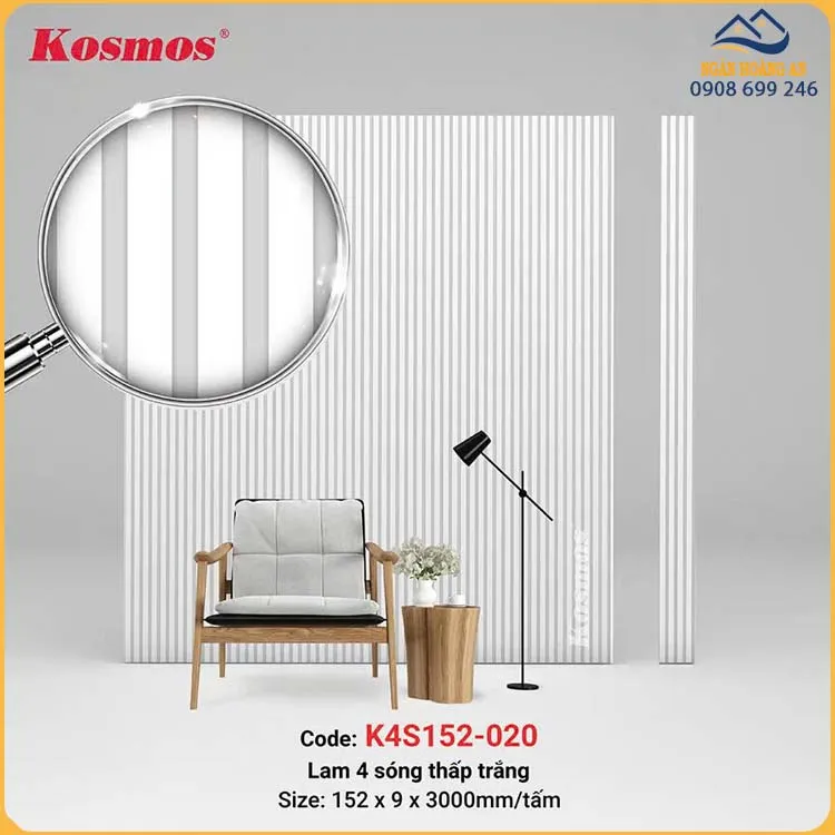 Tấm Nhựa Ốp Tường Lam 4 Sóng Màu Trắng Kosmos K4S152-020