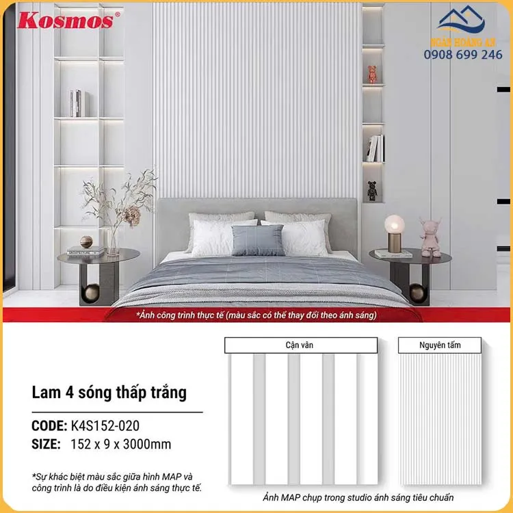 Tấm Nhựa Ốp Tường Lam 4 Sóng Màu Trắng Kosmos K4S152-020