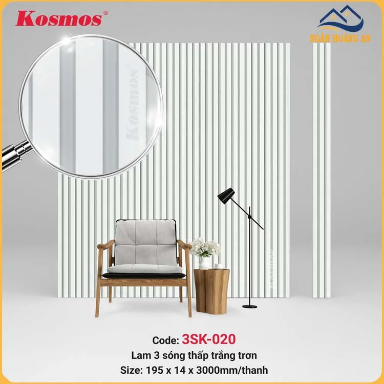Tấm Ốp Tường Lam Sóng Thấp Kosmos Màu Trắng Trơn 3SK-020
