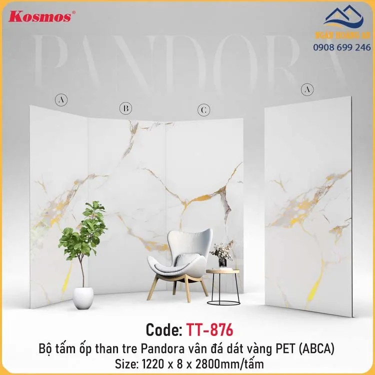 Tấm Ốp Sợi Than Tre Pandora Vân Đá Dát Vàng PET Kosmos TT-876