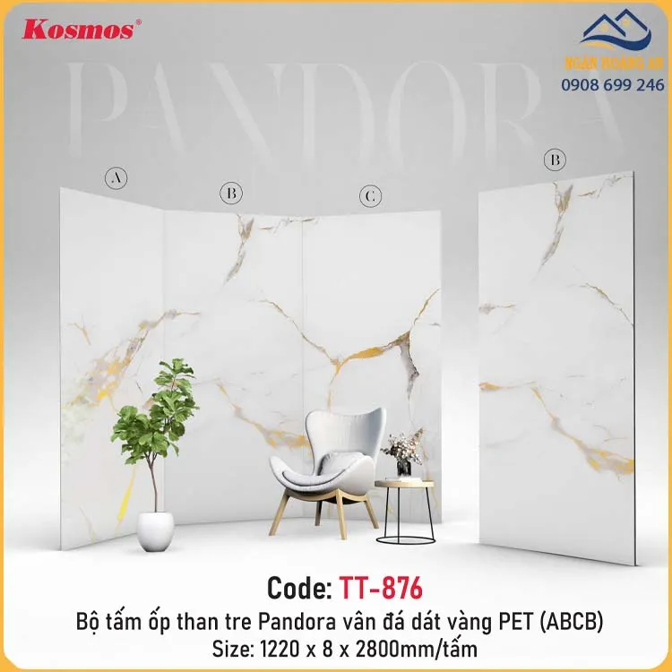 Tấm Ốp Sợi Than Tre Pandora Vân Đá Dát Vàng PET Kosmos TT-876