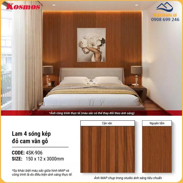 Ốp Tường Lam 4 Sóng Kép Nhựa Giả Gỗ Kosmos 4SK-906