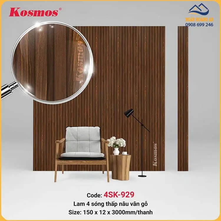 Tấm Ốp Tường Lam 4 Sóng Kép Nhựa Giả Gỗ Kosmos 4SK-929