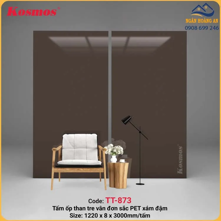 Ốp Tường Tấm Ốp Than Tre Kosmos TT-873 Vân Đơn Sắc Pet Xám Đậm