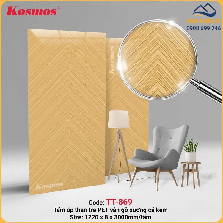 Tấm Ốp Sợi Than Tre Kosmos TT-869 Vân Gỗ Xương Cá Vàng Kem PET