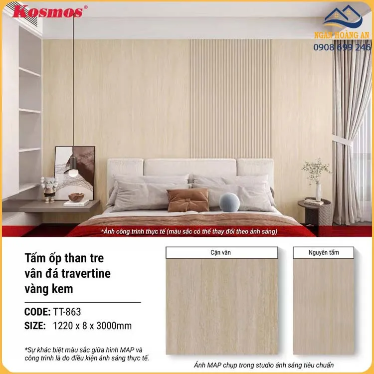Tấm Ốp Tường Than Tre Vân Đá Travertime Vàng Kem Kosmos TT-863