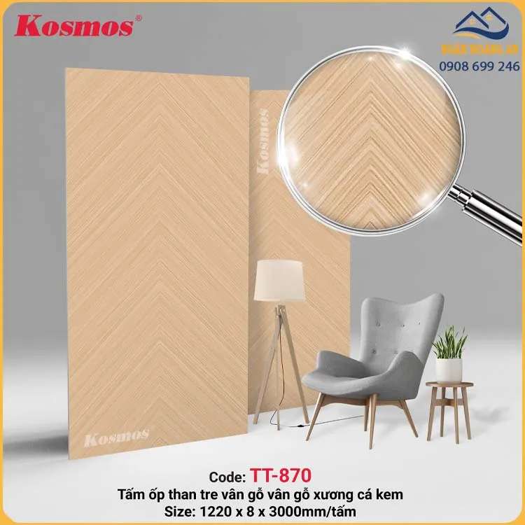 Ốp Tường Tấm Than Tre Vân Gỗ Xương Cá Vàng Kem Kosmos TT-870