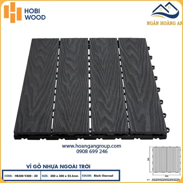 Vỉ Gỗ Nhựa Ngoài Trời Hobi Wood Vân 3D Black Charcoal