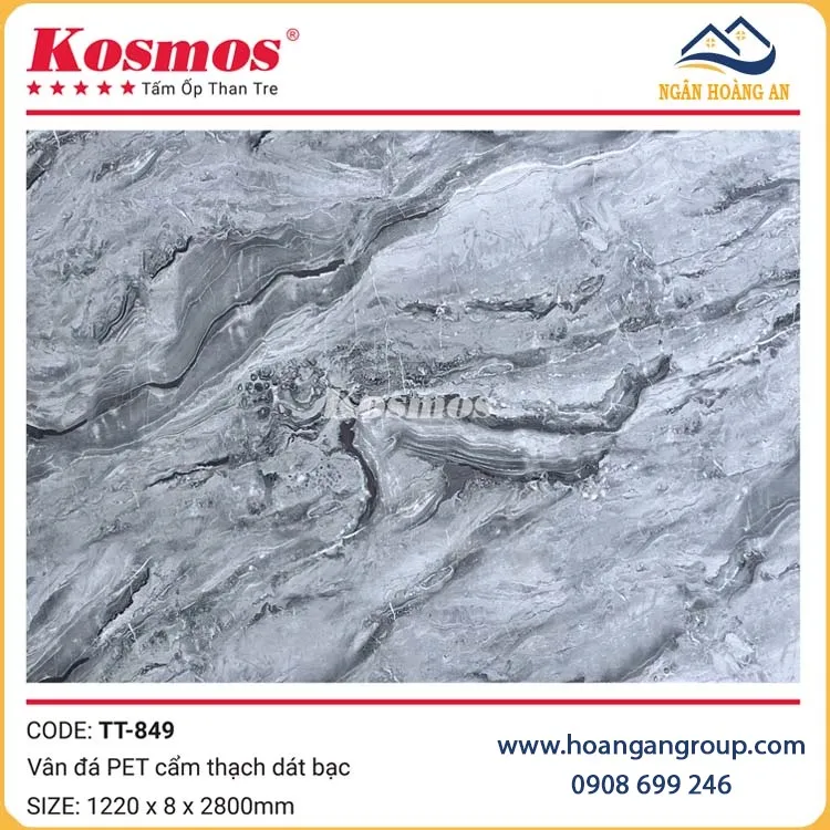 Tấm Ốp Than Tre Vân Đá PET Cẩm Thạch Dát Bạc Kosmos TT-849
