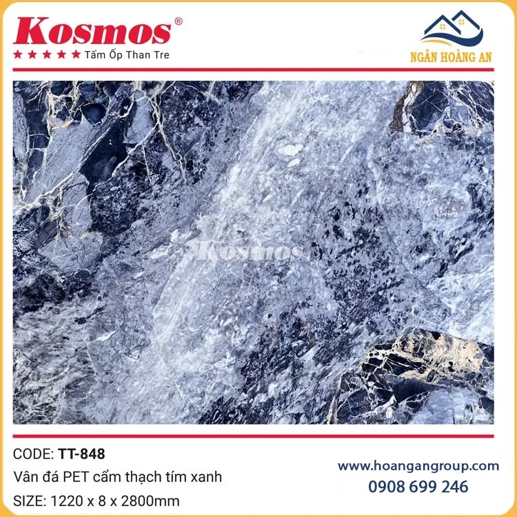 Tấm Ốp Than Tre Kosmos TT-848 Vân Đá PET Cẩm Thạch Tím Xanh