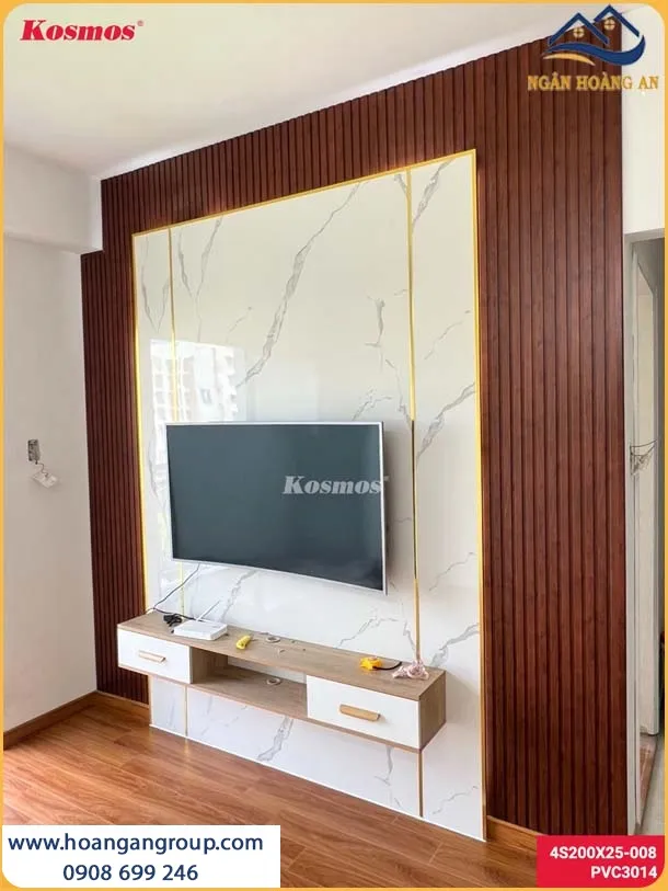 Thi Công Tấm PVC Giả Đá Vách Tivi Tạo Điểm Nhấn Cho Phòng Khách Thi Công Tấm PVC Giả Đá Vách Tivi Tạo Điểm Nhấn Cho Phòng Khách