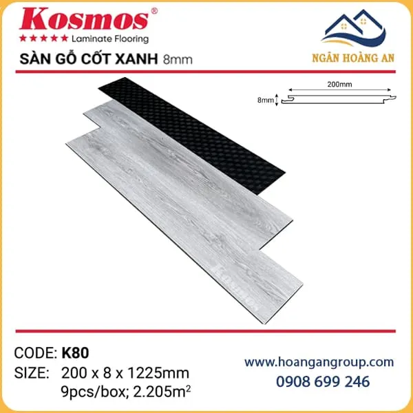 Sàn Gỗ Công Nghiệp Kosmos Cốt Xanh 8mm K80